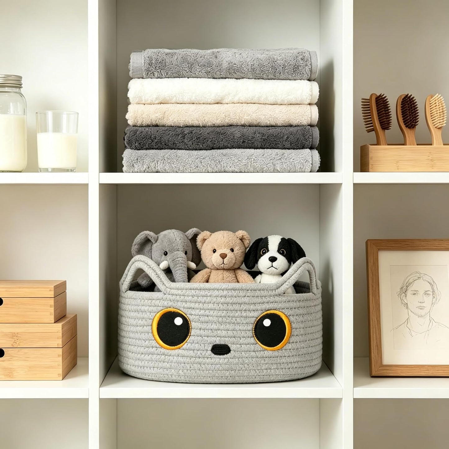 Gray Cat Toy Basket, Woven Cat Toy Storage Bin with Embroidered Face, Small Cotton Rope Storage Box with Handle Ears for Home Decor, Pet Bed, Nursery Kids Room Organization