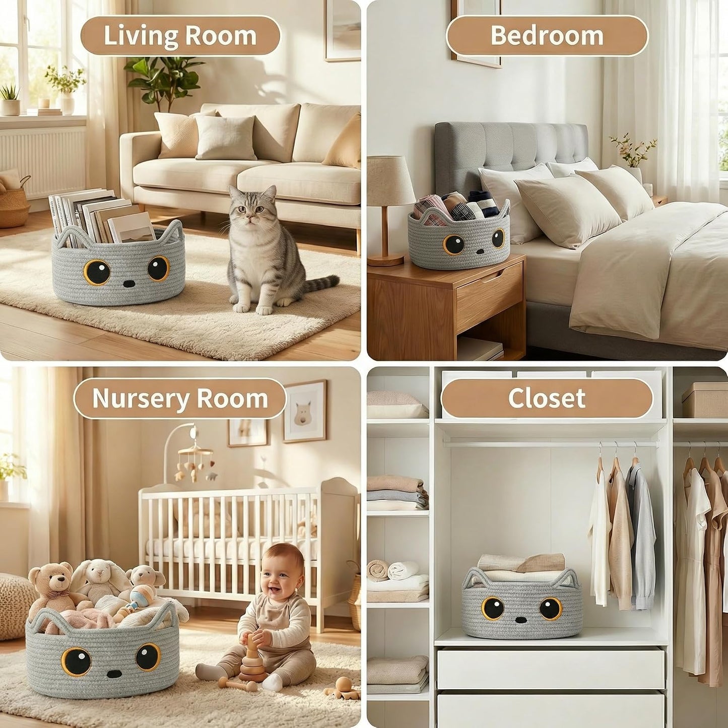 Gray Cat Toy Basket, Woven Cat Toy Storage Bin with Embroidered Face, Small Cotton Rope Storage Box with Handle Ears for Home Decor, Pet Bed, Nursery Kids Room Organization