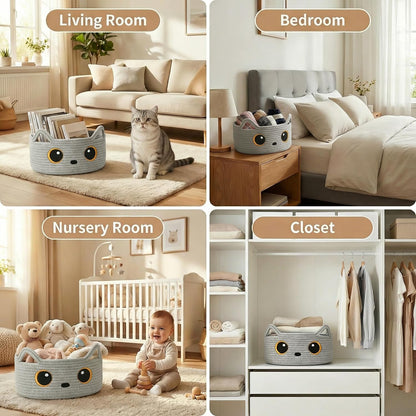 Gray Cat Toy Basket, Woven Cat Toy Storage Bin with Embroidered Face, Small Cotton Rope Storage Box with Handle Ears for Home Decor, Pet Bed, Nursery Kids Room Organization