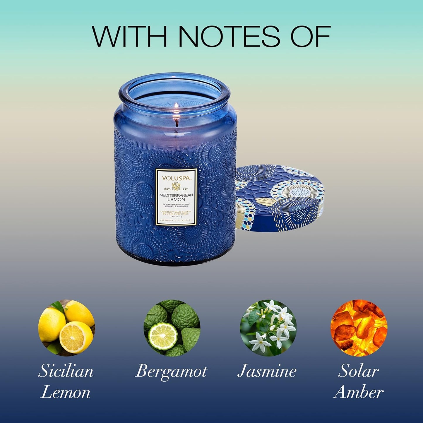 Mediterranean Lemon Candle Jar, 18 oz, Coconut Wax Blend, Large Scented Candles for Home, 100 Hour Burn Time, Poured in the USA