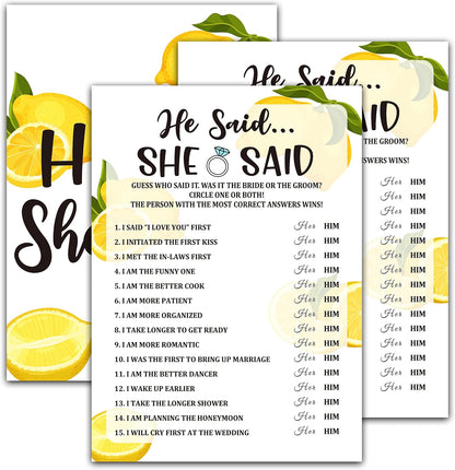 Bridal Shower Games - Lemon Theme Engagement Party Game Cards for Wedding, Bachelorette Party - Citrus Lemon Bridal Shower Decorations - He Said She Said - 30 Cards(A02)