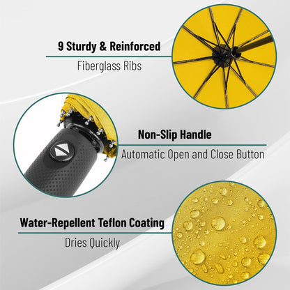 Windproof Travel Umbrella, Small Water-Resistant Automatic Folding Umbrella for Rain and Sun, Light, Compact and Portable for Women & Men, Fits Car & Backpack