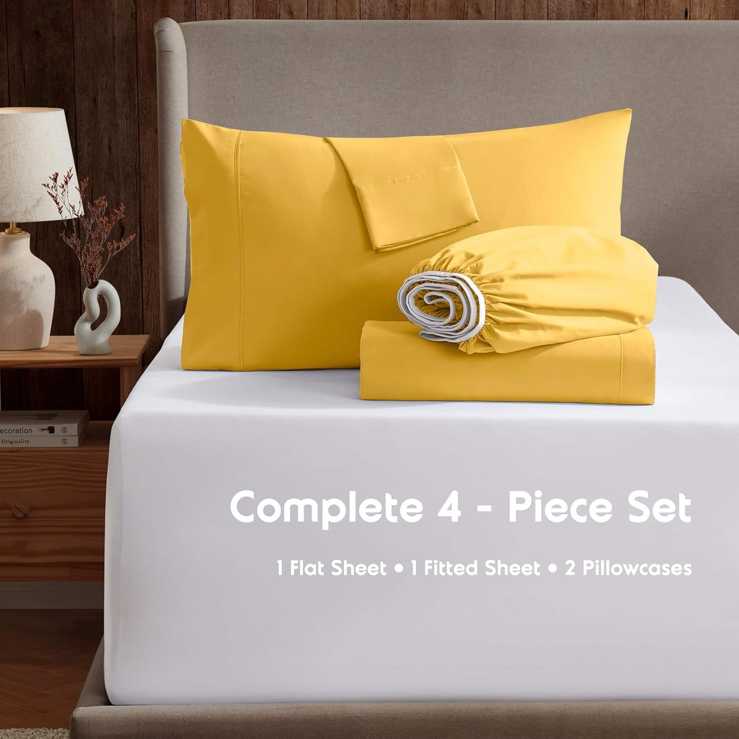 King Bed Sheet Set - Yellow - Instantly Soft Microfiber, No Break-in Wash - 4-Piece Deep Pocket Sheets & Pillowcases, Stays Put All Night