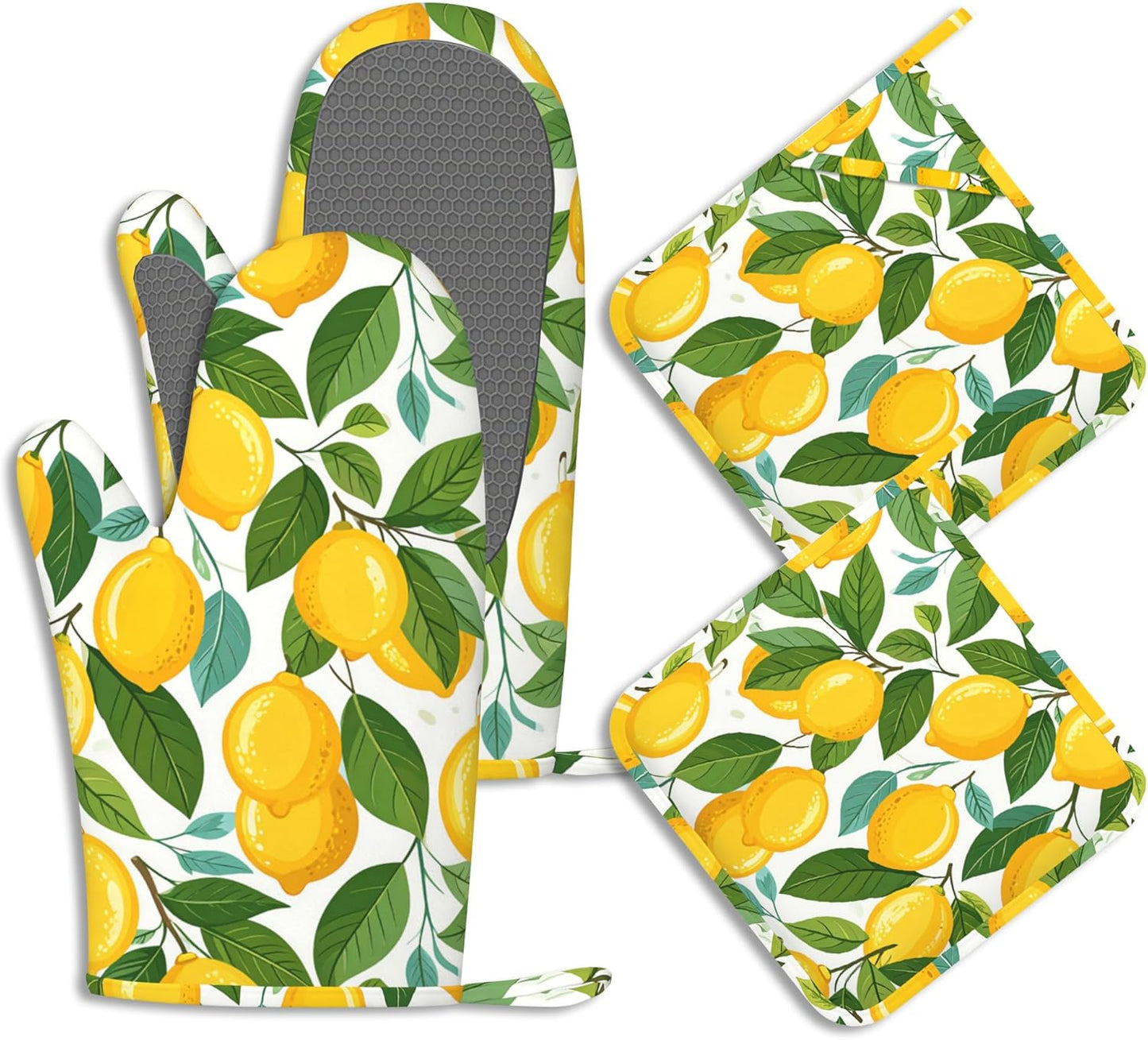 Yellow Lemon Pot Holders and Oven Mitts Set Silicone Tropical Summer Fruit Kitchen Gloves Potholders Heat Resistant Washable,Chef Cooking Baking Gifts for Women Men Bakers Lover Cooks