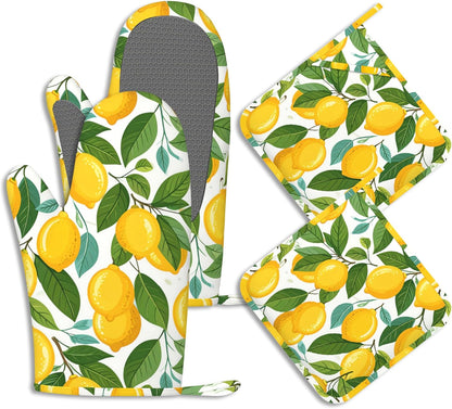 Yellow Lemon Pot Holders and Oven Mitts Set Silicone Tropical Summer Fruit Kitchen Gloves Potholders Heat Resistant Washable,Chef Cooking Baking Gifts for Women Men Bakers Lover Cooks