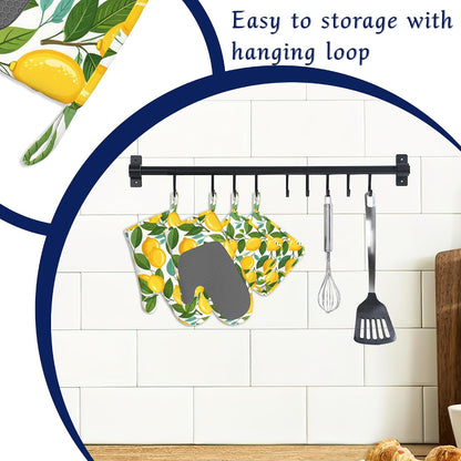 Yellow Lemon Pot Holders and Oven Mitts Set Silicone Tropical Summer Fruit Kitchen Gloves Potholders Heat Resistant Washable,Chef Cooking Baking Gifts for Women Men Bakers Lover Cooks
