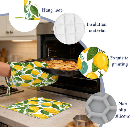 Yellow Lemon Pot Holders and Oven Mitts Set Silicone Tropical Summer Fruit Kitchen Gloves Potholders Heat Resistant Washable,Chef Cooking Baking Gifts for Women Men Bakers Lover Cooks