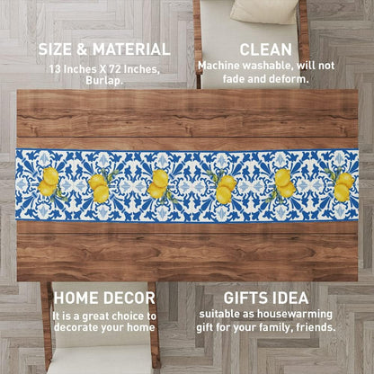 Italy Blue Tiles Runner Decorative, Italian Lemons Summer Table Runner Decorations for Dining Room Kitchen Dresser Decor for Party Holiday, Housewarming Gifts for Women Couple New Home, 13X72 Inches