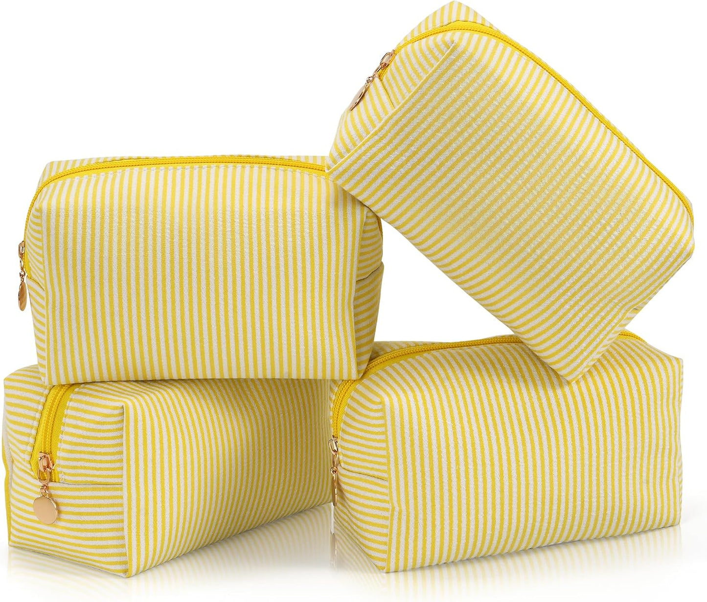 Makeup Bag Set for Women, 4PCS Travel Cosmetic Bags Pencil Case, Striped Seersucker Toiletry Organizer Pouches, Cute Makeup Pouch for Purse, Accessories and Gifts, Yellow