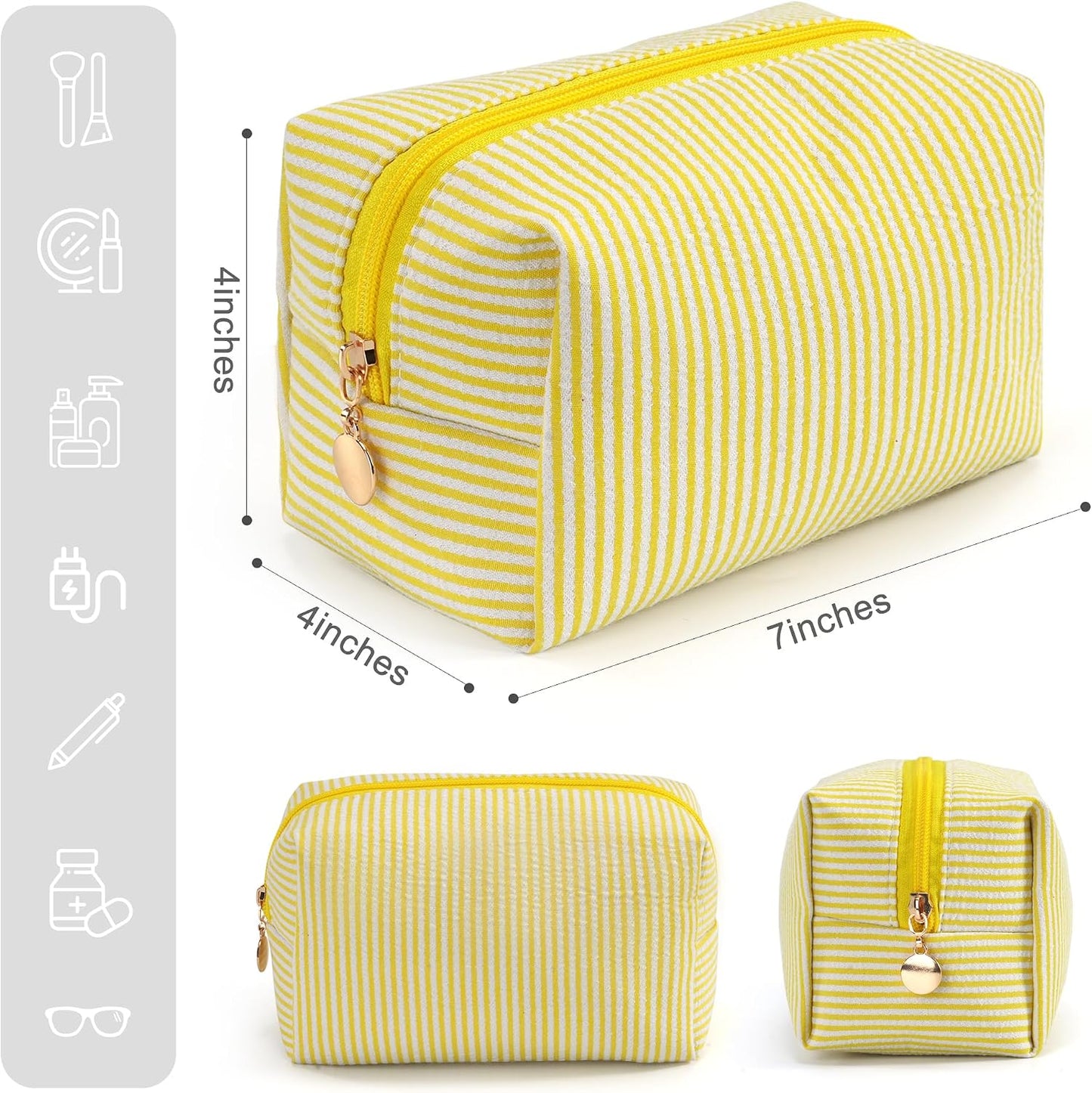 Makeup Bag Set for Women, 4PCS Travel Cosmetic Bags Pencil Case, Striped Seersucker Toiletry Organizer Pouches, Cute Makeup Pouch for Purse, Accessories and Gifts, Yellow