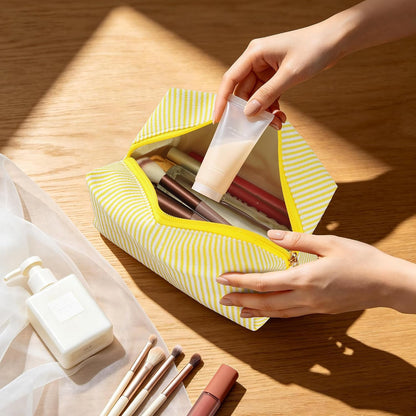 Makeup Bag Set for Women, 4PCS Travel Cosmetic Bags Pencil Case, Striped Seersucker Toiletry Organizer Pouches, Cute Makeup Pouch for Purse, Accessories and Gifts, Yellow