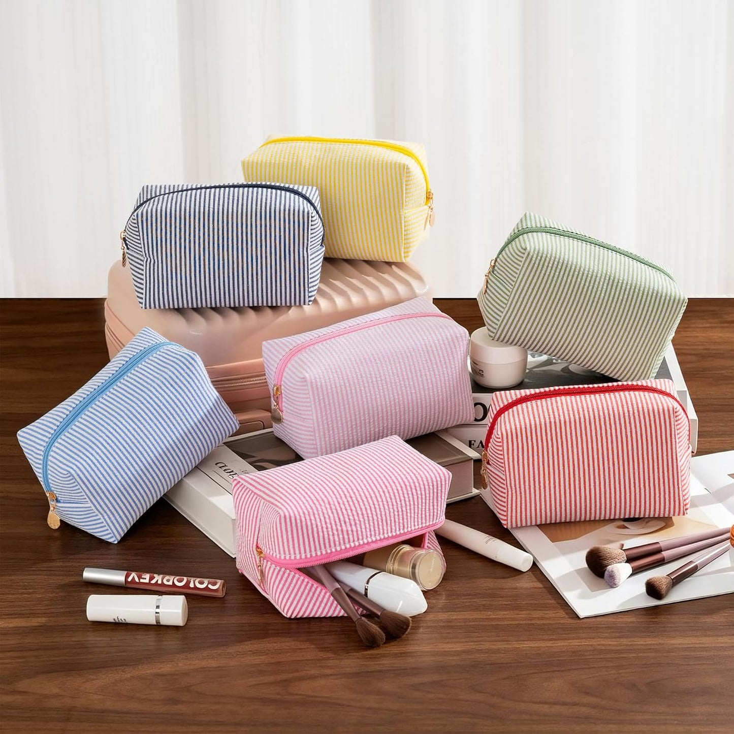 Makeup Bag Set for Women, 4PCS Travel Cosmetic Bags Pencil Case, Striped Seersucker Toiletry Organizer Pouches, Cute Makeup Pouch for Purse, Accessories and Gifts, Yellow