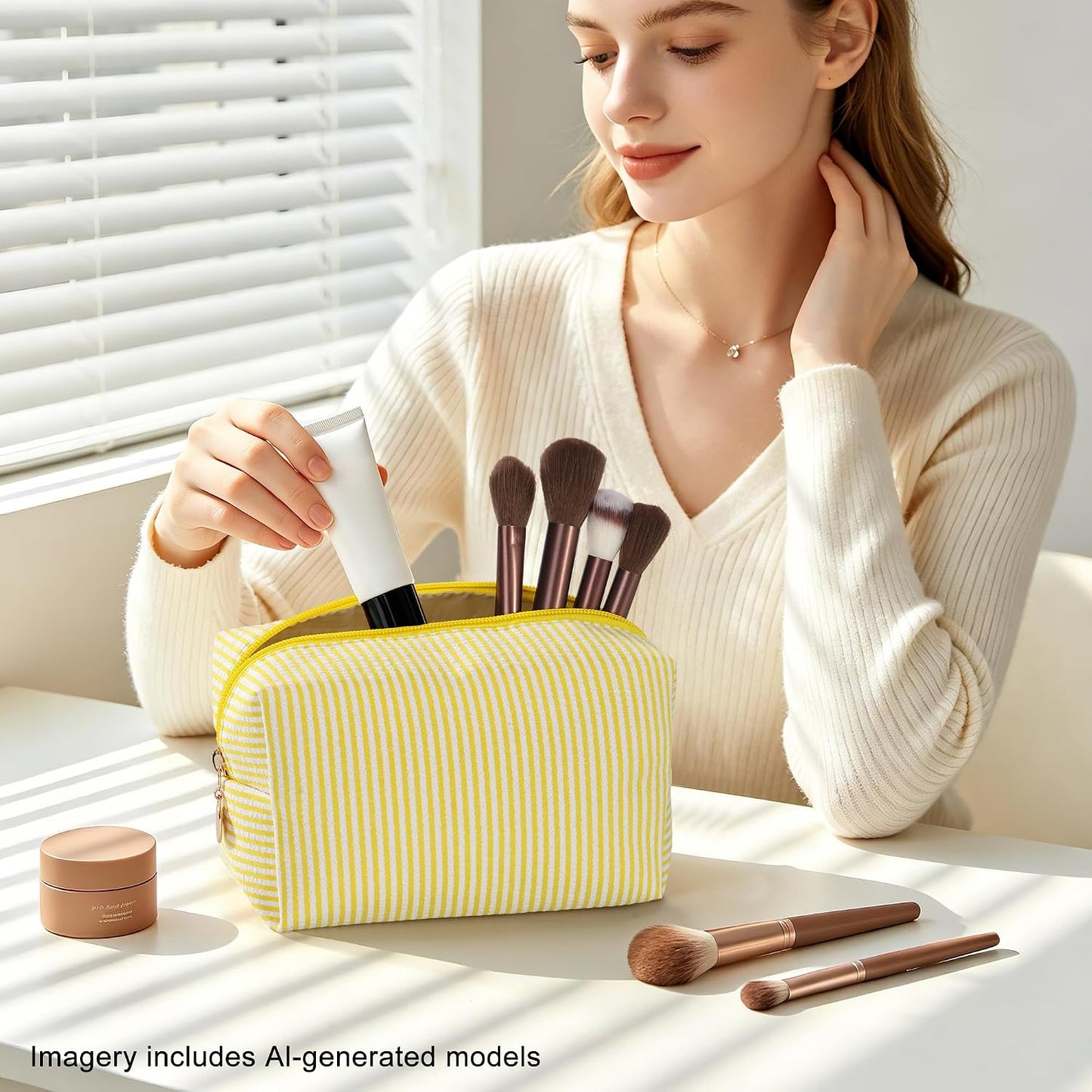 Makeup Bag Set for Women, 4PCS Travel Cosmetic Bags Pencil Case, Striped Seersucker Toiletry Organizer Pouches, Cute Makeup Pouch for Purse, Accessories and Gifts, Yellow