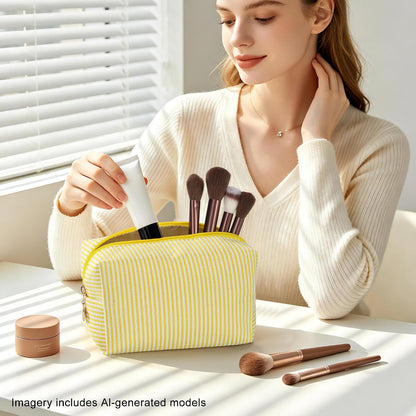 Makeup Bag Set for Women, 4PCS Travel Cosmetic Bags Pencil Case, Striped Seersucker Toiletry Organizer Pouches, Cute Makeup Pouch for Purse, Accessories and Gifts, Yellow