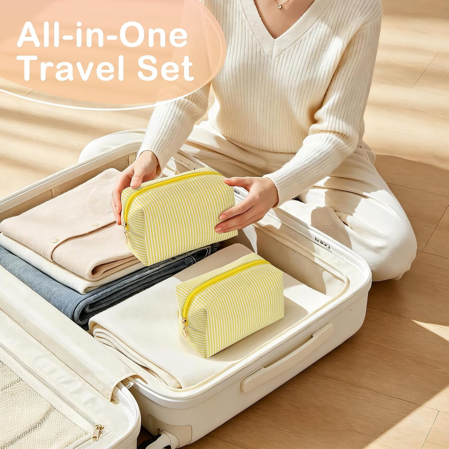 Makeup Bag Set for Women, 4PCS Travel Cosmetic Bags Pencil Case, Striped Seersucker Toiletry Organizer Pouches, Cute Makeup Pouch for Purse, Accessories and Gifts, Yellow