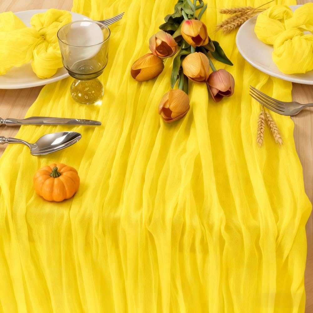 3 Pack Yellow Cheesecloth Table Runner 10ft Rustic Gauze Centerpiece | Lightweight Breathable Gauze Material, Natural Wrinkled Texture, Boho Rustic Style, Reusable for Wedding Events Home Decor