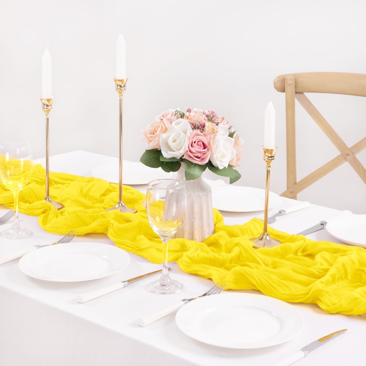 3 Pack Yellow Cheesecloth Table Runner 10ft Rustic Gauze Centerpiece | Lightweight Breathable Gauze Material, Natural Wrinkled Texture, Boho Rustic Style, Reusable for Wedding Events Home Decor