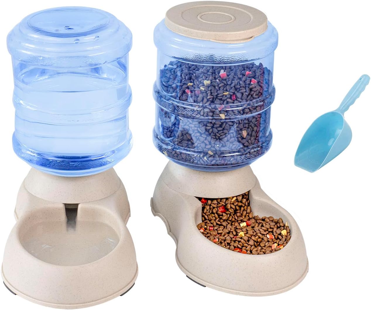 Automatic Cat & Dog Feeder and Water Dispenser Set with Scoop | 1 Gallon Gravity Food Feeder and Waterer Set for Small Medium Puppy and Kitten Pack of 2