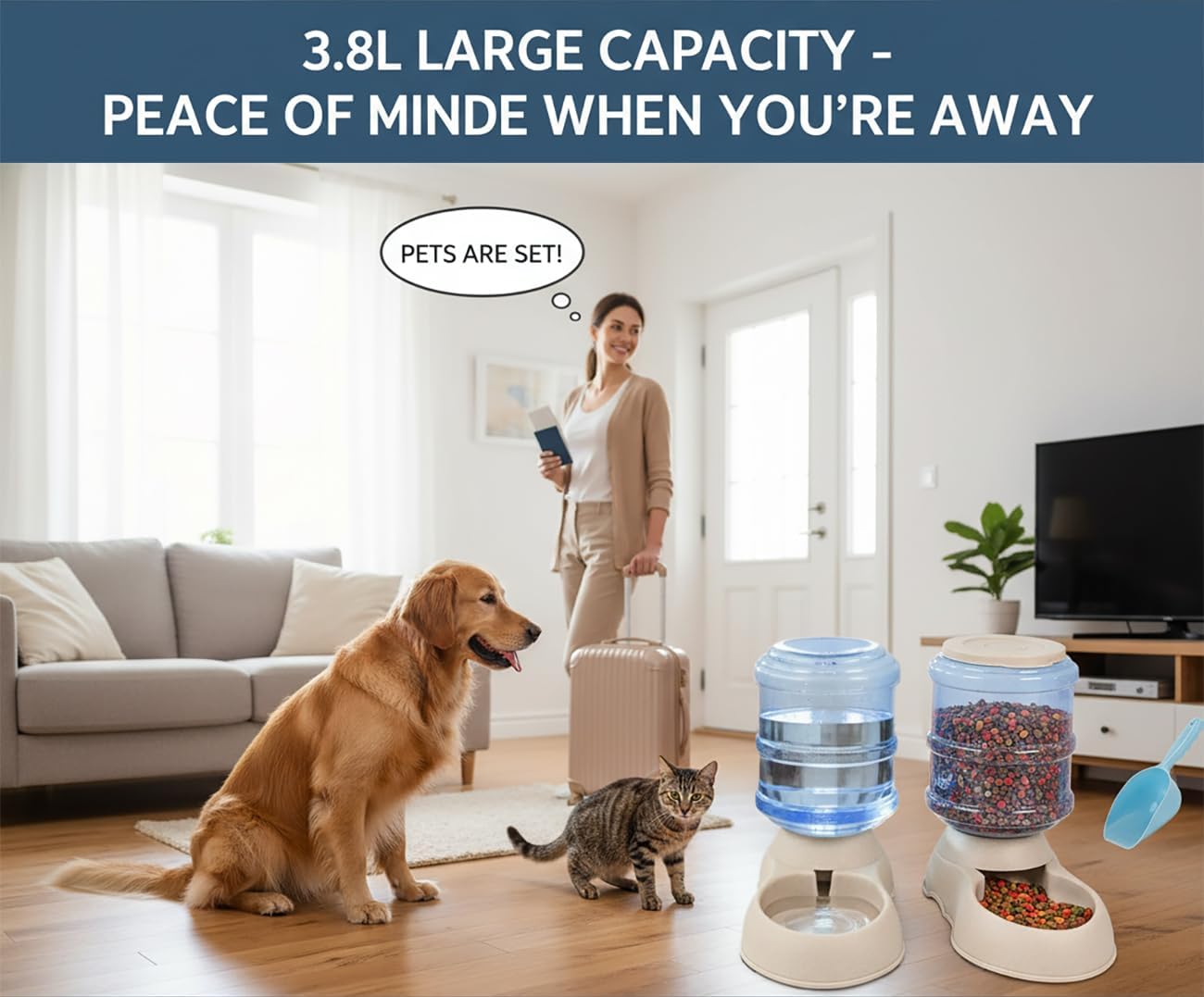 Automatic Cat & Dog Feeder and Water Dispenser Set with Scoop | 1 Gallon Gravity Food Feeder and Waterer Set for Small Medium Puppy and Kitten Pack of 2