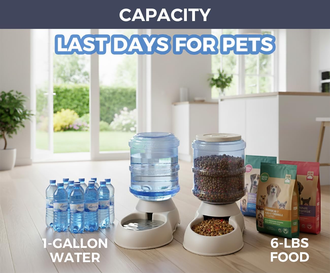 Automatic Cat & Dog Feeder and Water Dispenser Set with Scoop | 1 Gallon Gravity Food Feeder and Waterer Set for Small Medium Puppy and Kitten Pack of 2