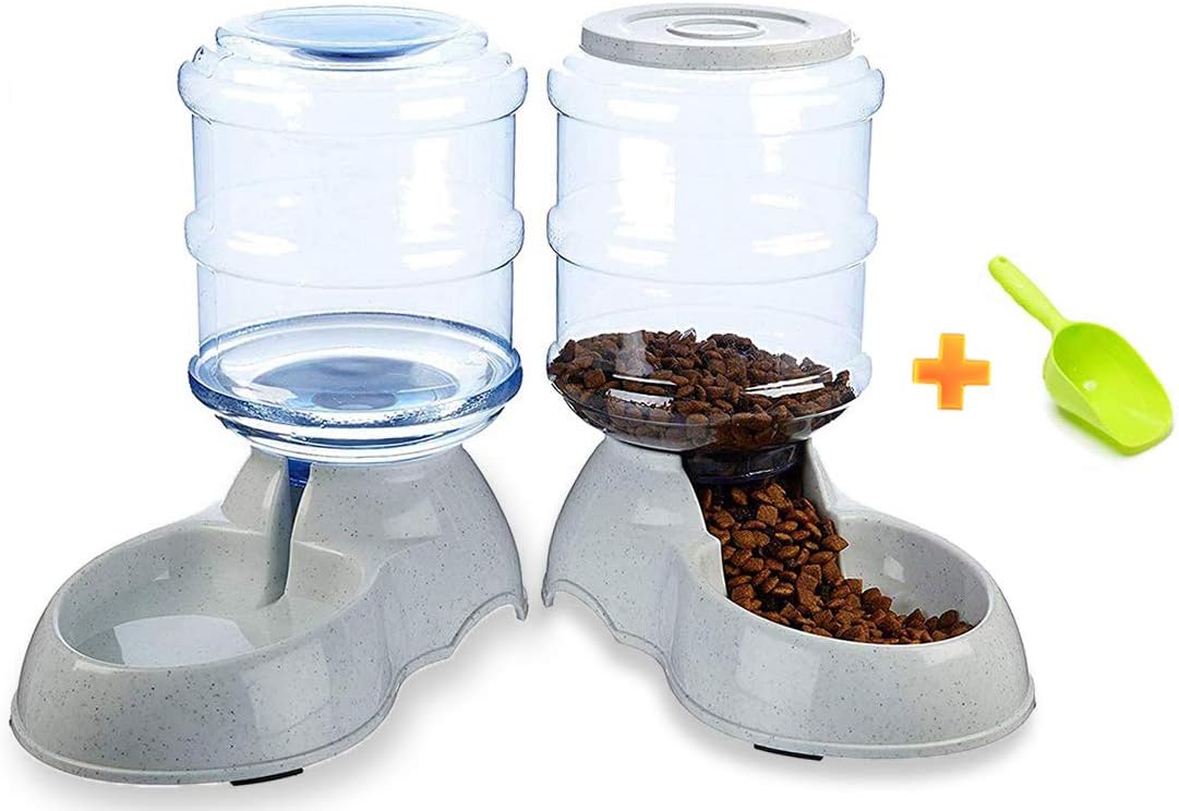 Automatic Cat & Dog Feeder and Water Dispenser Set with Scoop | 1 Gallon Gravity Food Feeder and Waterer Set for Small Medium Puppy and Kitten Pack of 2