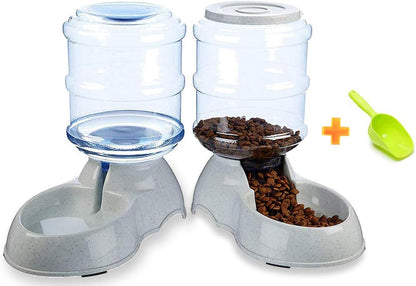 Automatic Cat & Dog Feeder and Water Dispenser Set with Scoop | 1 Gallon Gravity Food Feeder and Waterer Set for Small Medium Puppy and Kitten Pack of 2