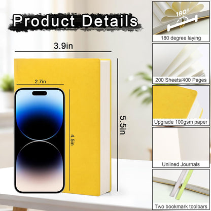 Thick Blank Journal Notebook 400 Pages , A6 Unlined Plain Sketchbook , 100gsm Thick Paper Hardcover Soft Leather Cover, No Lines Drawing Pad Memo Diary Writing Art Notepad ，3.9 × 5.5 (Lemon Yellow-400 Page)