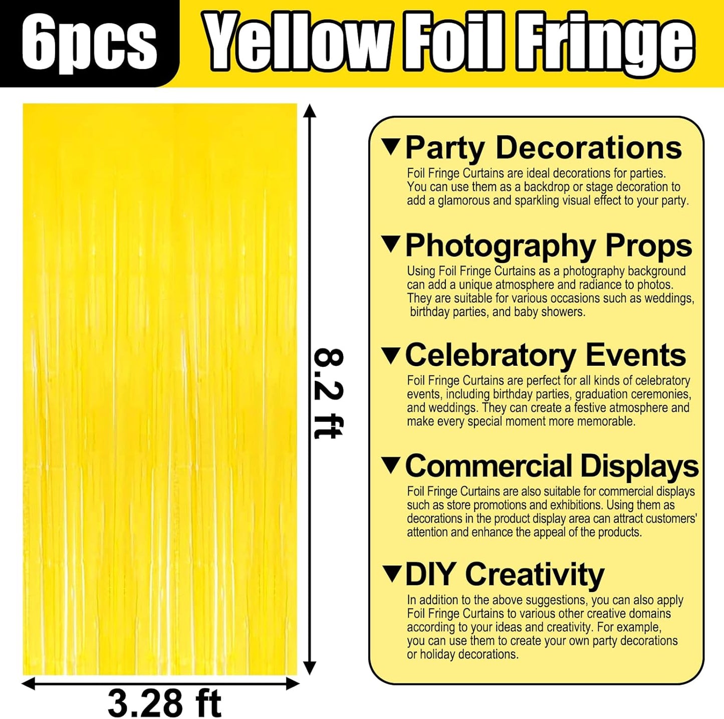 6 Pack Yellow Foil Fringe Curtain Backdrop, 3.28Ft x 8.2Ft Metallic Tinsel Foil Fringe Streamer Curtains for Photo Booth, Birthday, Wedding, New Year Party Decorations