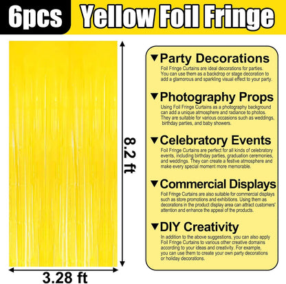 6 Pack Yellow Foil Fringe Curtain Backdrop, 3.28Ft x 8.2Ft Metallic Tinsel Foil Fringe Streamer Curtains for Photo Booth, Birthday, Wedding, New Year Party Decorations