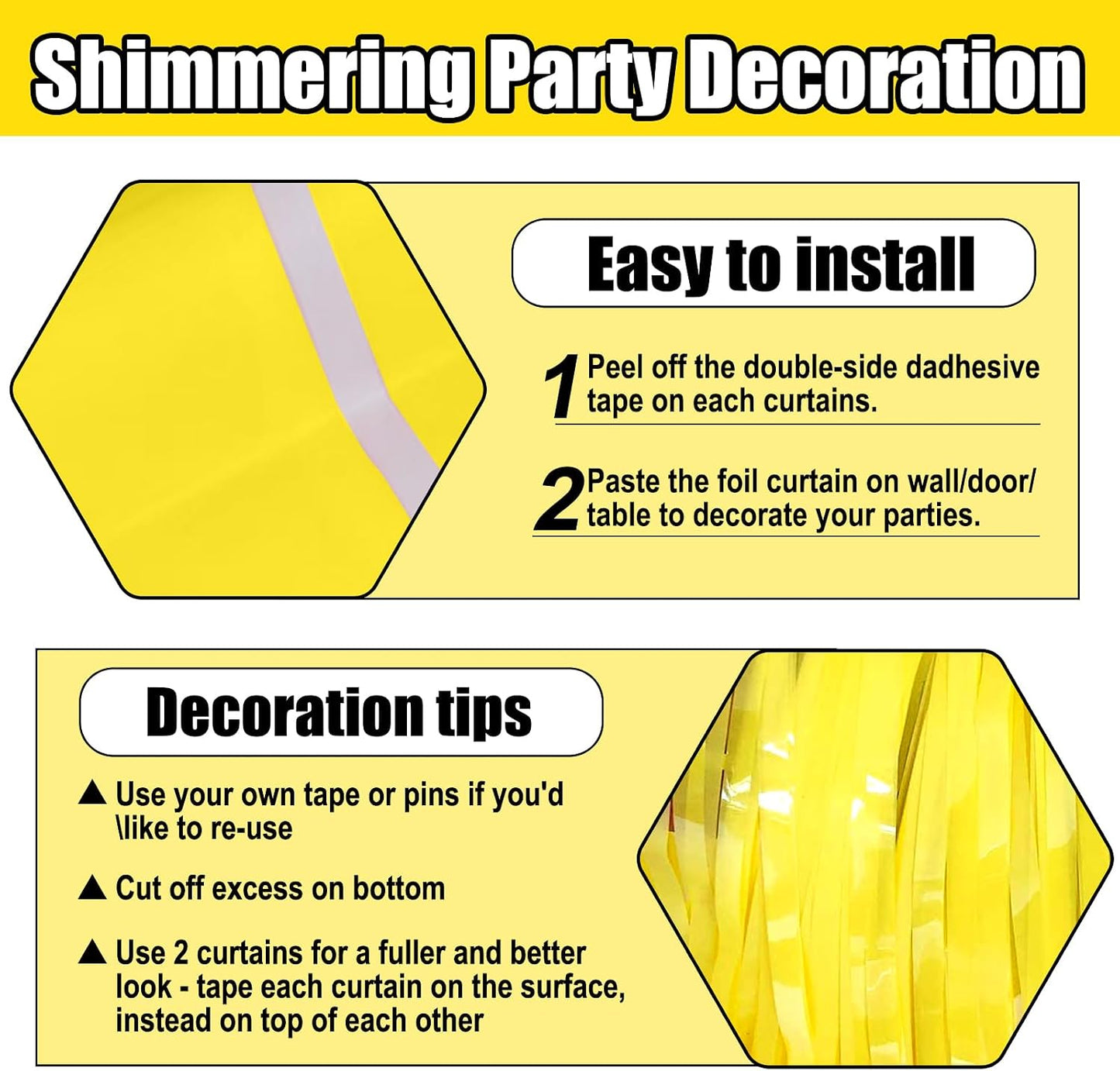 6 Pack Yellow Foil Fringe Curtain Backdrop, 3.28Ft x 8.2Ft Metallic Tinsel Foil Fringe Streamer Curtains for Photo Booth, Birthday, Wedding, New Year Party Decorations