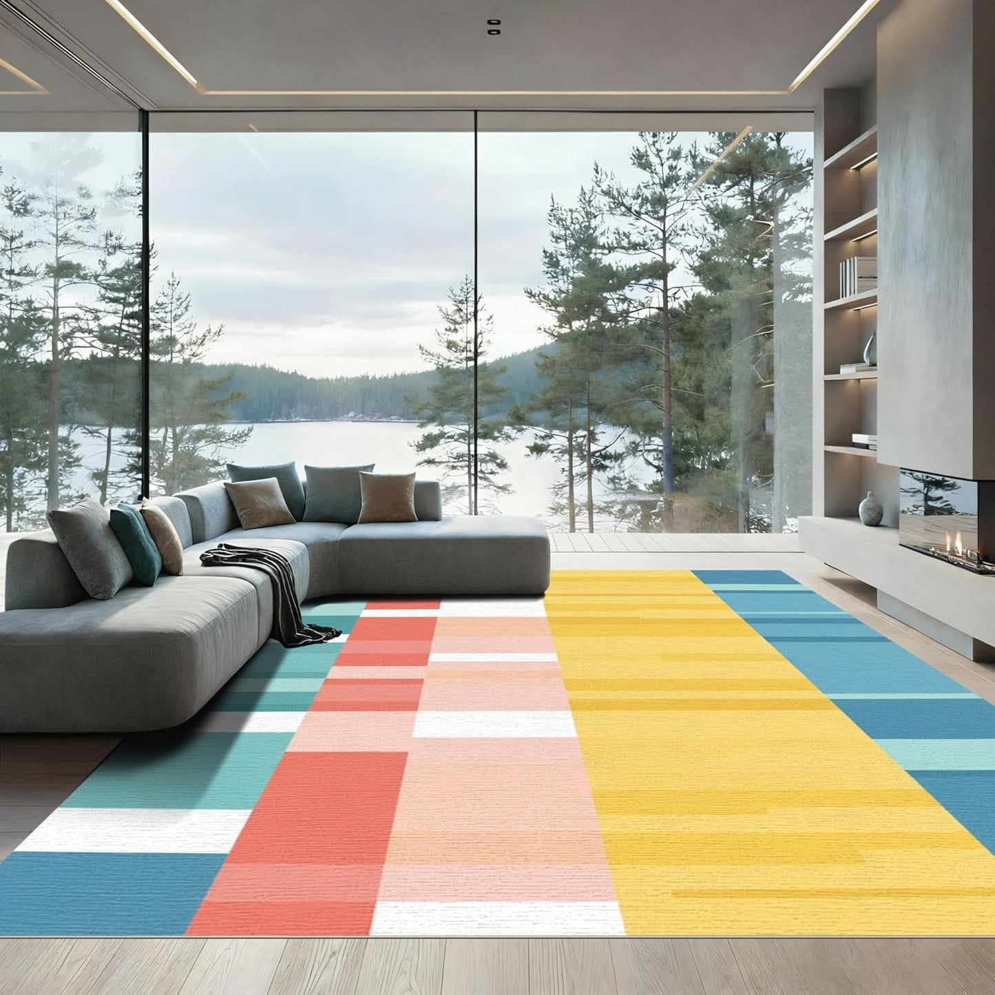 Flatwoven High Traffic Area Rug 5x7, Modern Patchwork Stripe with Hand Painted Effect, Non Slip, Stain Resistant, Washable Area Rugs for Living Room, Bedroom(Yellow, 5x7)