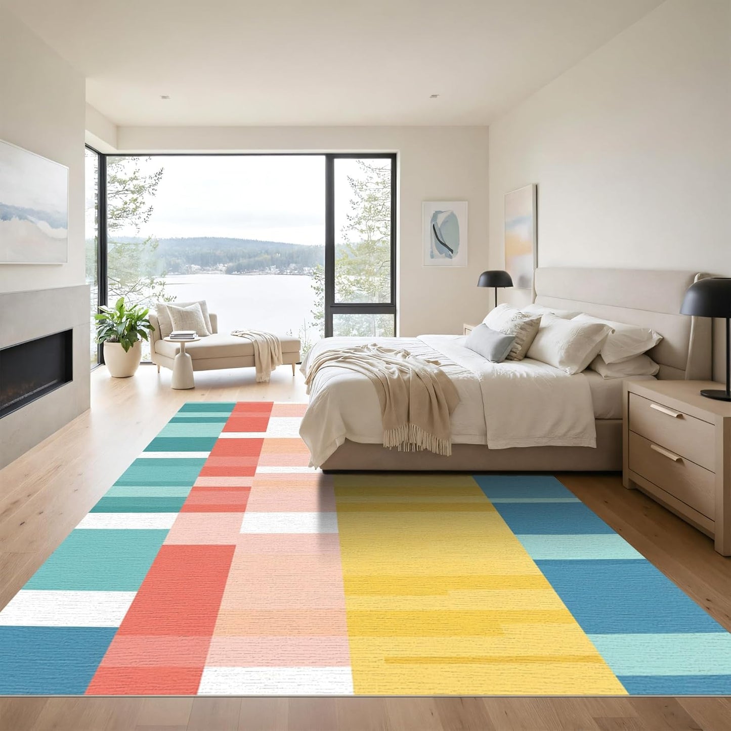 Flatwoven High Traffic Area Rug 5x7, Modern Patchwork Stripe with Hand Painted Effect, Non Slip, Stain Resistant, Washable Area Rugs for Living Room, Bedroom(Yellow, 5x7)