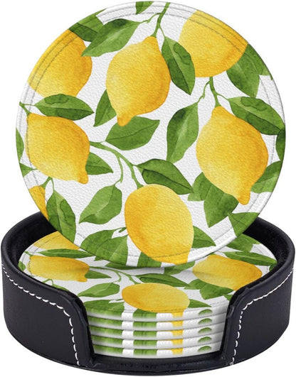 Yellow Lemon Coasters for Drinks Round Leather Coaster with Holder Set of 6 for Tabletop Protection Desk Accessories Office Home Room Decor