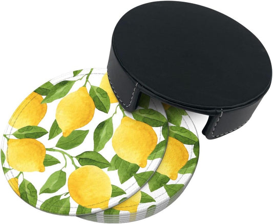 Yellow Lemon Coasters for Drinks Round Leather Coaster with Holder Set of 6 for Tabletop Protection Desk Accessories Office Home Room Decor