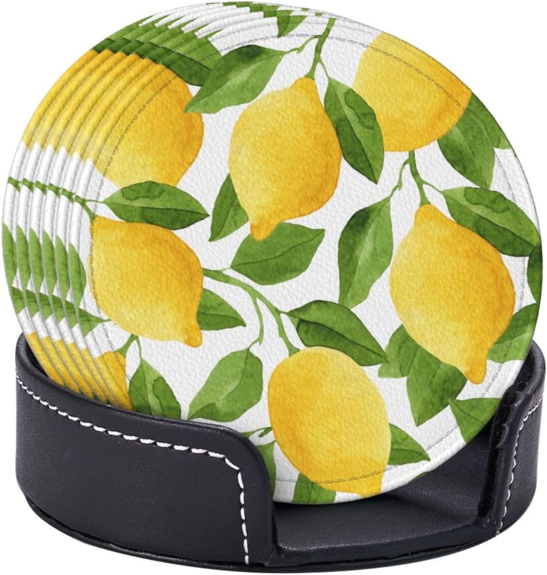 Yellow Lemon Coasters for Drinks Round Leather Coaster with Holder Set of 6 for Tabletop Protection Desk Accessories Office Home Room Decor