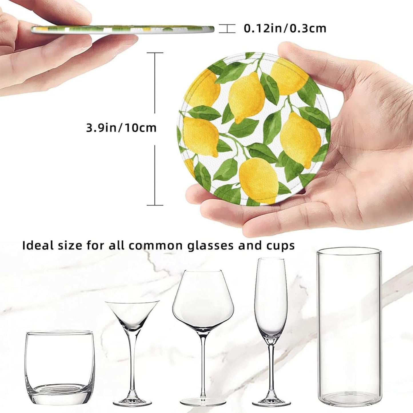 Yellow Lemon Coasters for Drinks Round Leather Coaster with Holder Set of 6 for Tabletop Protection Desk Accessories Office Home Room Decor