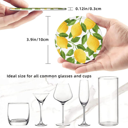 Yellow Lemon Coasters for Drinks Round Leather Coaster with Holder Set of 6 for Tabletop Protection Desk Accessories Office Home Room Decor