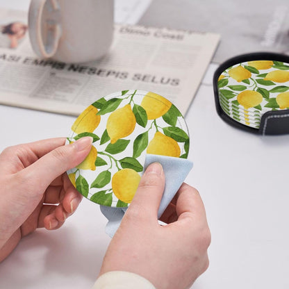 Yellow Lemon Coasters for Drinks Round Leather Coaster with Holder Set of 6 for Tabletop Protection Desk Accessories Office Home Room Decor