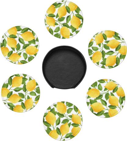 Yellow Lemon Coasters for Drinks Round Leather Coaster with Holder Set of 6 for Tabletop Protection Desk Accessories Office Home Room Decor