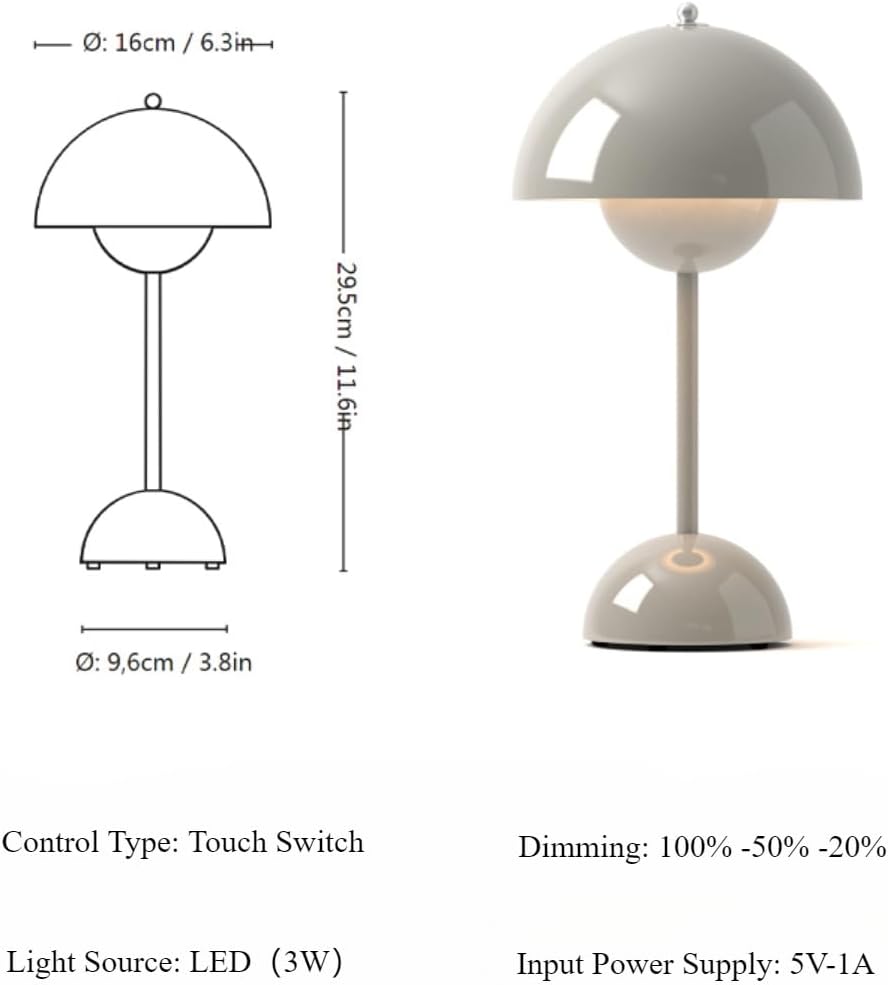 Modern Flower Bud Lamp 12" Cordless Touch Lamp Dimmable 2600mAh Rechargeable Desk Lamp Nordic Mushroom Lamp Nightstand Bedside Lamp for Bedroom Living Room(Mustard Yellow) No Reading Light