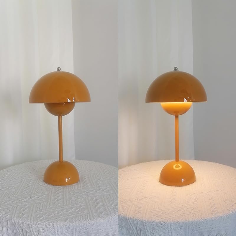 Modern Flower Bud Lamp 12" Cordless Touch Lamp Dimmable 2600mAh Rechargeable Desk Lamp Nordic Mushroom Lamp Nightstand Bedside Lamp for Bedroom Living Room(Mustard Yellow) No Reading Light