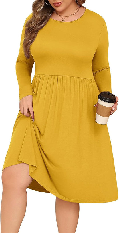 Women's Plus Size Dresses Long Sleeves Crew Neck Casual Dresses Empire Waist Loose Flowy Dress with Pockets