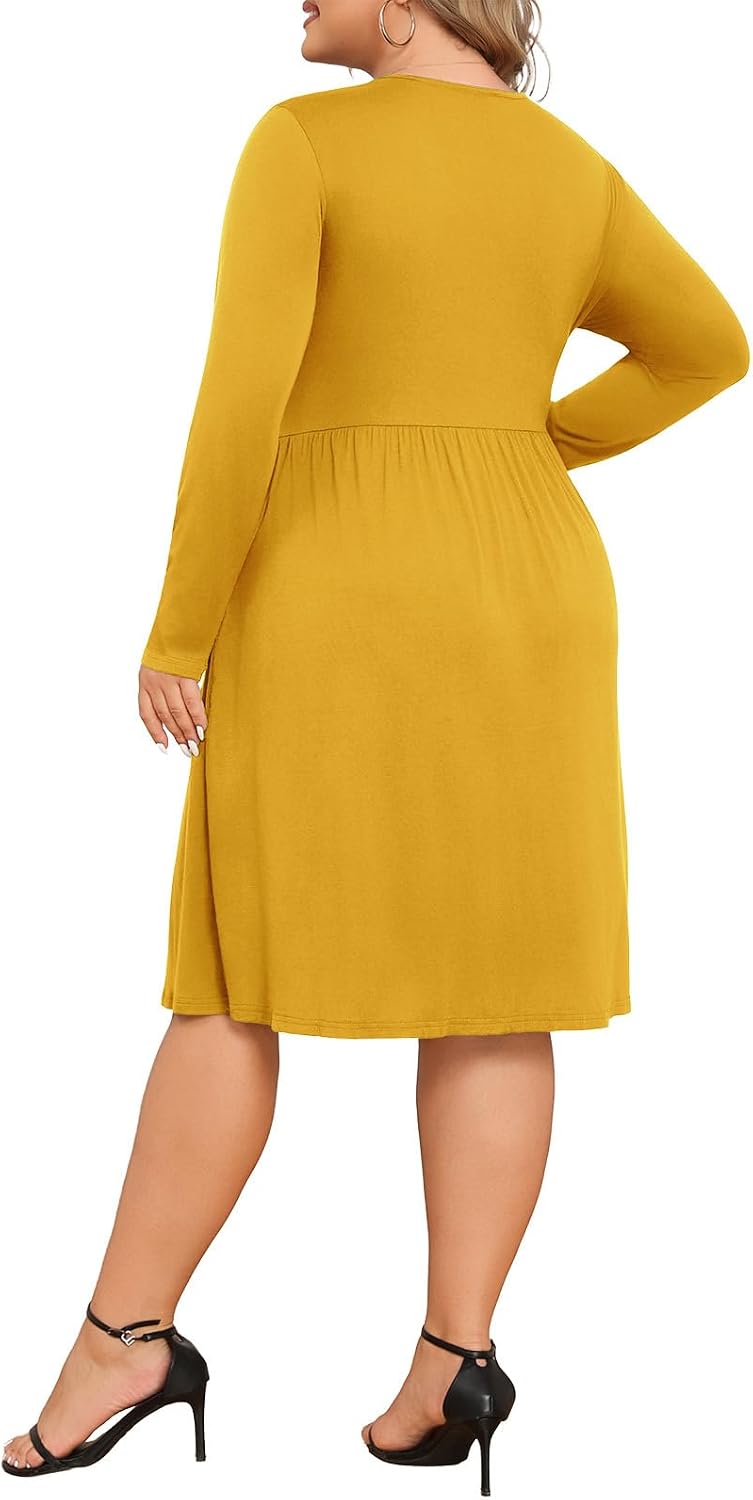 Women's Plus Size Dresses Long Sleeves Crew Neck Casual Dresses Empire Waist Loose Flowy Dress with Pockets