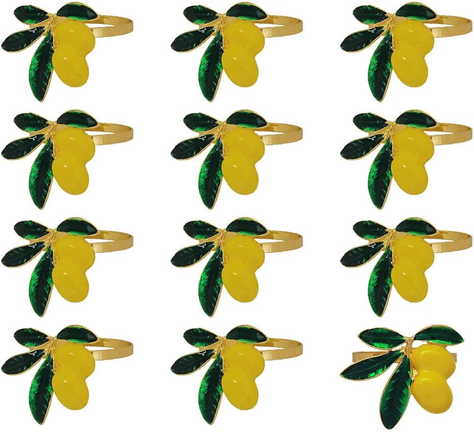 Yellow Lemon Napkin Rings Set of 12, Gold Napkin Ring, Metal Butterfly Buckles Holder for Party Table Decor Banquet Wedding Birthday Thanksgiving Christmas Easter Holiday Decorations Daily Use