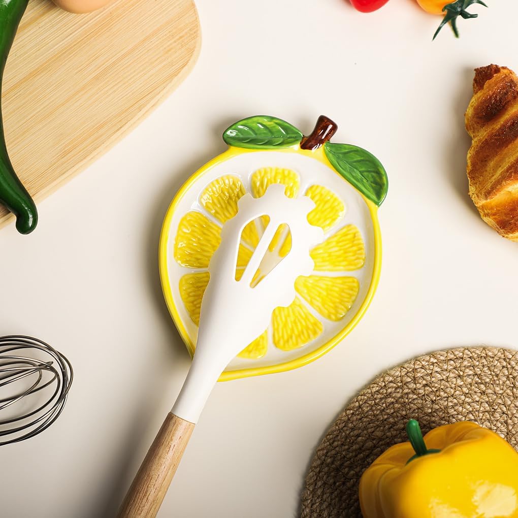 Ceramic Lemon Spoon Rest Spoon Holder for Kitchen Counter/Stove Top Stable Utensil Rest-Yellow-A