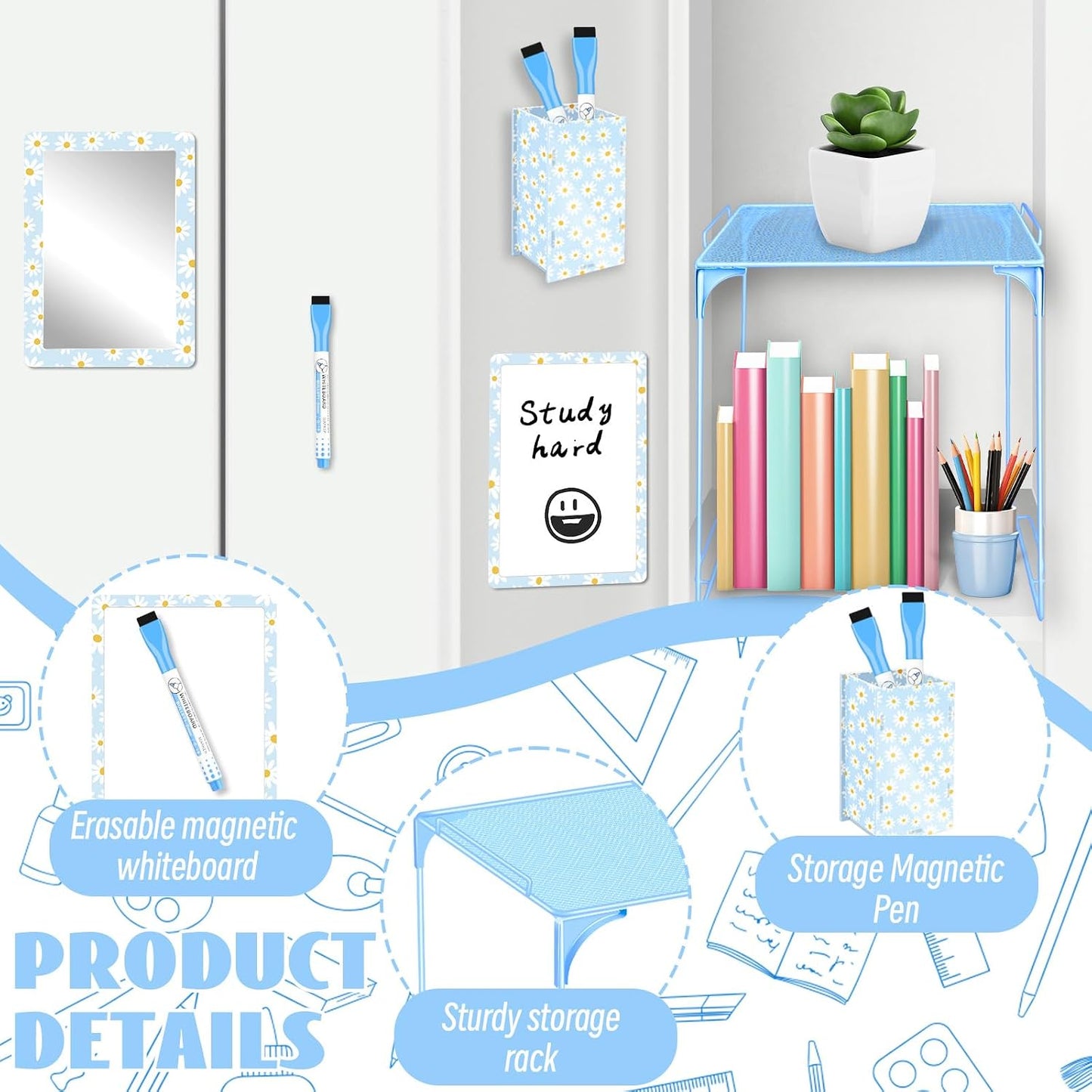 Magnetic Locker Marble Accessories Kit Pale Yellow Back to School Essentials Locker Organizer Supplies Include Mirror Whiteboard Pen Shelf Magnet Magnetic Buckle Back to School Essentials