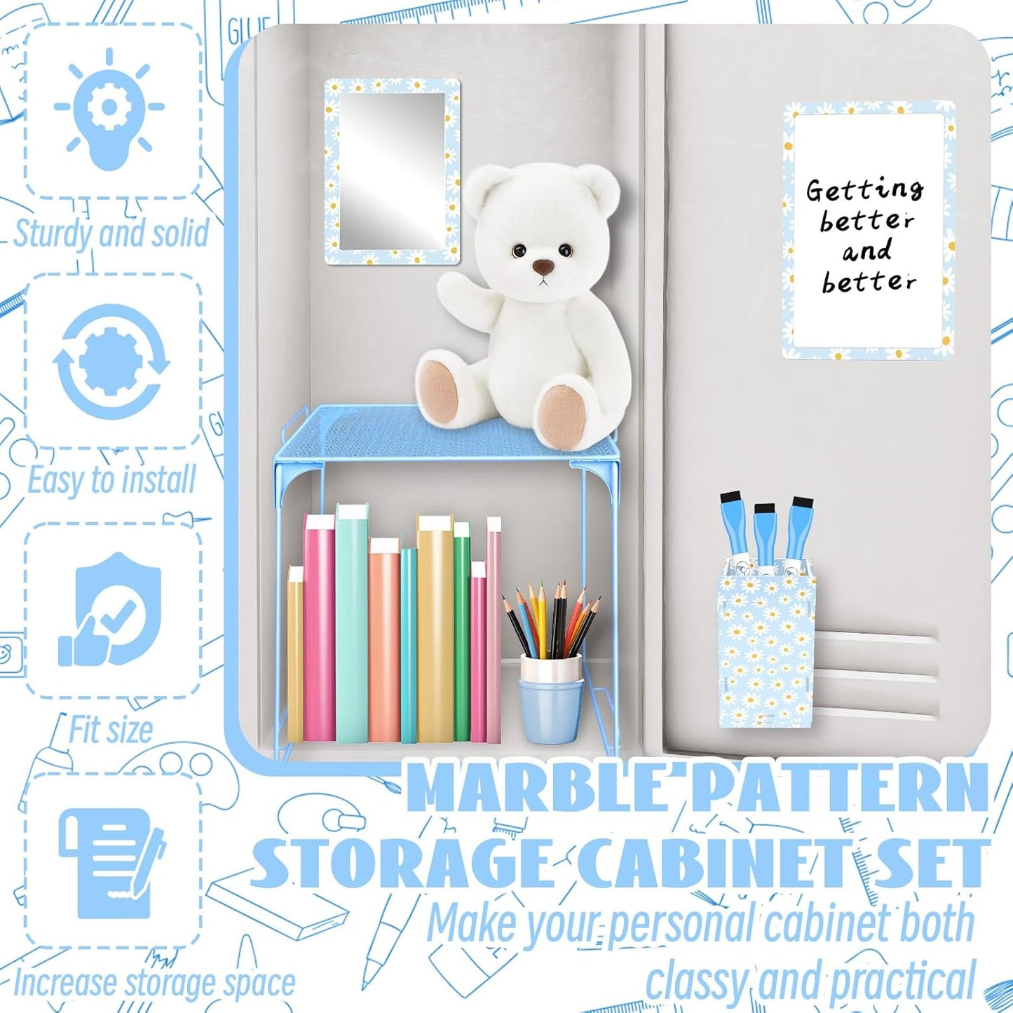 Magnetic Locker Marble Accessories Kit Pale Yellow Back to School Essentials Locker Organizer Supplies Include Mirror Whiteboard Pen Shelf Magnet Magnetic Buckle Back to School Essentials