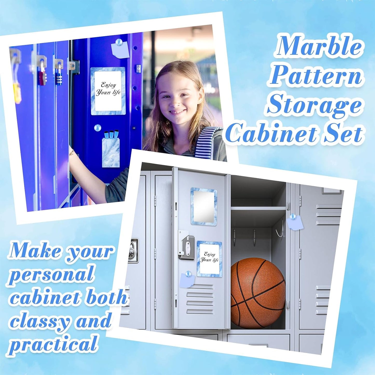 Magnetic Locker Marble Accessories Kit Pale Yellow Back to School Essentials Locker Organizer Supplies Include Mirror Whiteboard Pen Shelf Magnet Magnetic Buckle Back to School Essentials
