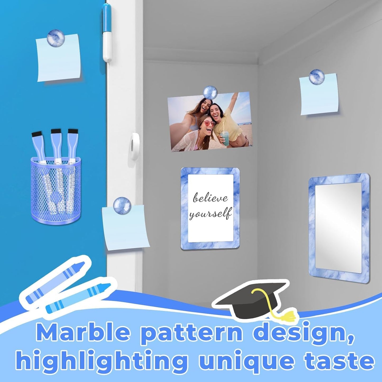 Magnetic Locker Marble Accessories Kit Pale Yellow Back to School Essentials Locker Organizer Supplies Include Mirror Whiteboard Pen Shelf Magnet Magnetic Buckle Back to School Essentials