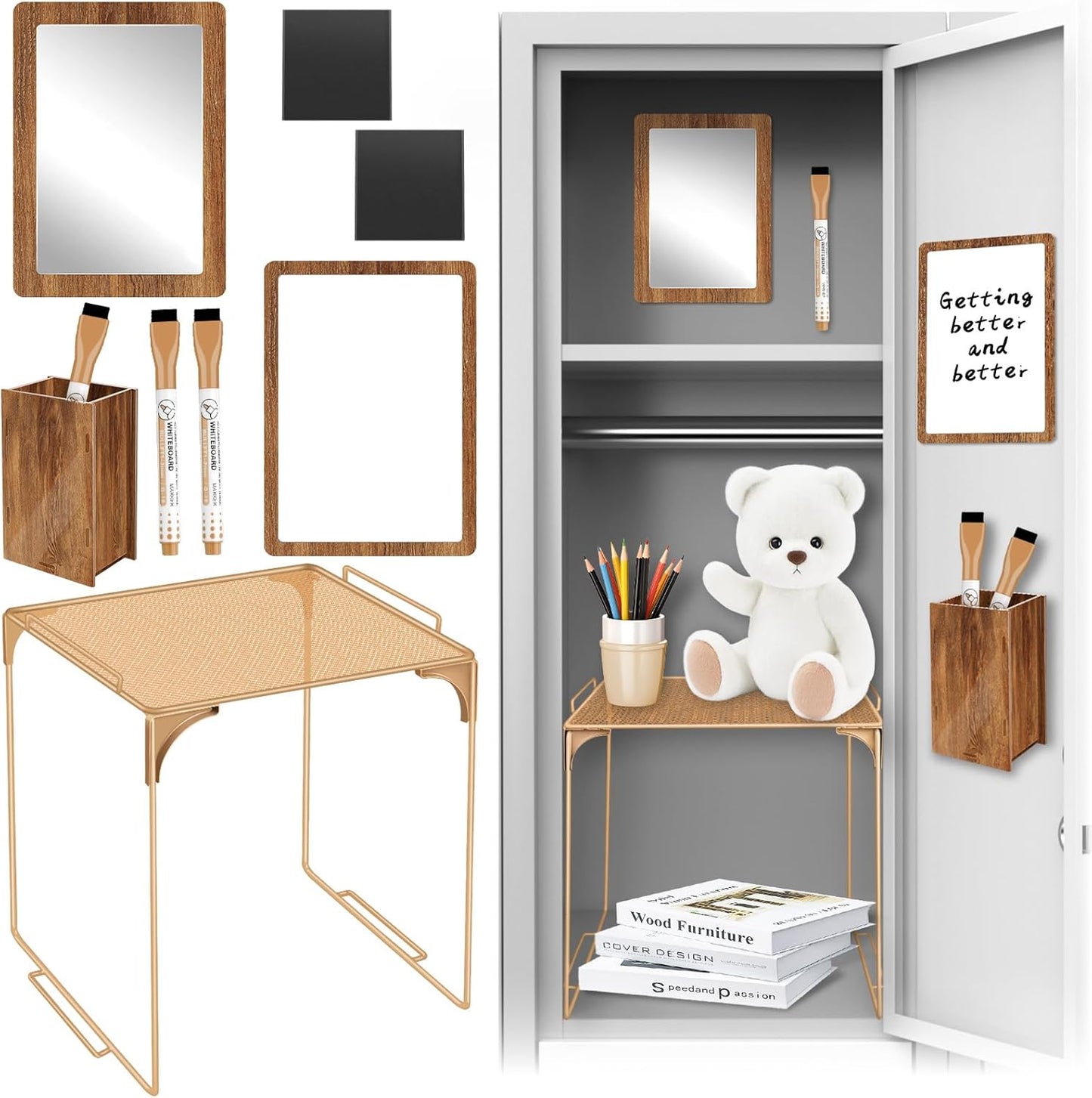 Magnetic Locker Marble Accessories Kit Pale Yellow Back to School Essentials Locker Organizer Supplies Include Mirror Whiteboard Pen Shelf Magnet Magnetic Buckle Back to School Essentials